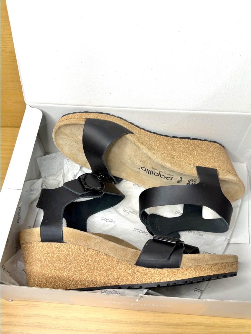 BIRKENSTOCK Papillio Soley Ring-Buckle Wedge Sandals Black. US 8 , EU 39. New - Picture 6 of 7